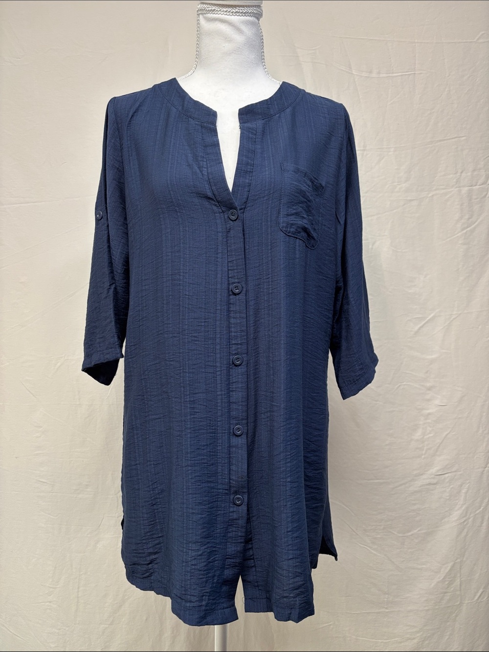 Relaxed Navy Button-Front Tunic with Pocket